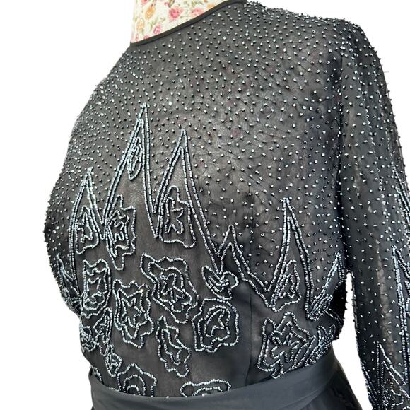 Vintage Beaded Evening Gown Jack Bryan Saks Fifth Ave Black Long Sleeve Dress 14 - Picture 7 of 15
